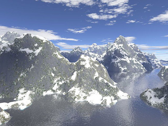 Mountain environment created by a fractal rendering algorithm