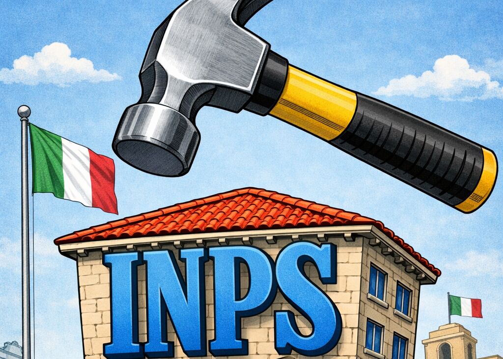 Illustrazione: un grande martello incombe sulla sede dell'INPS accanto al tricolore