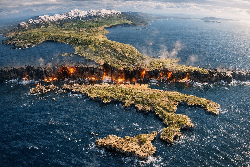 La penisola italiana vista dall'alto, spaccata da crepe e fiamme lungo la costa