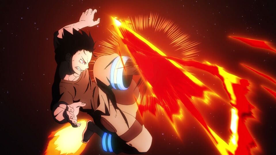 Shinra deflects an arrow of fire with his powers