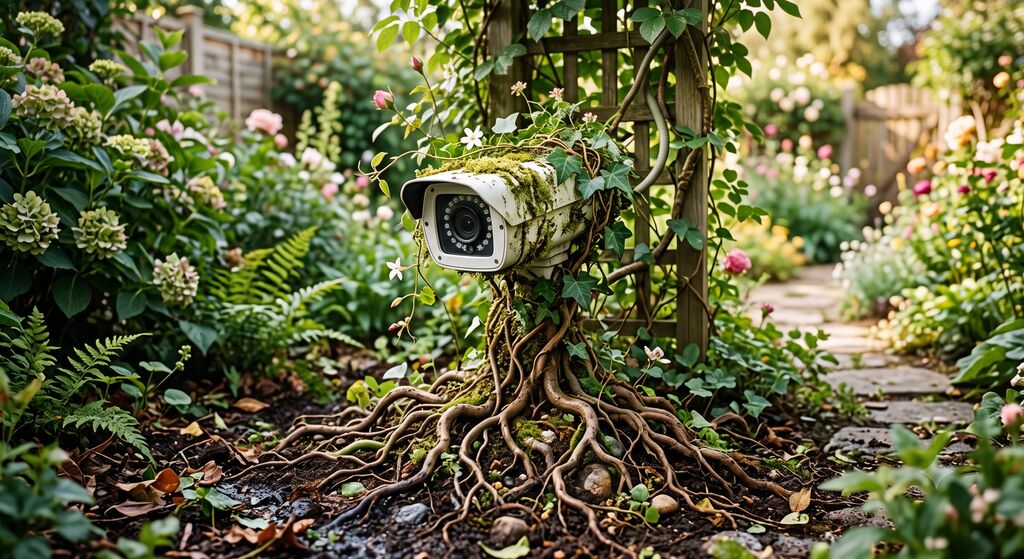 Una telecamera di sorveglianza che mette radici nel giardino